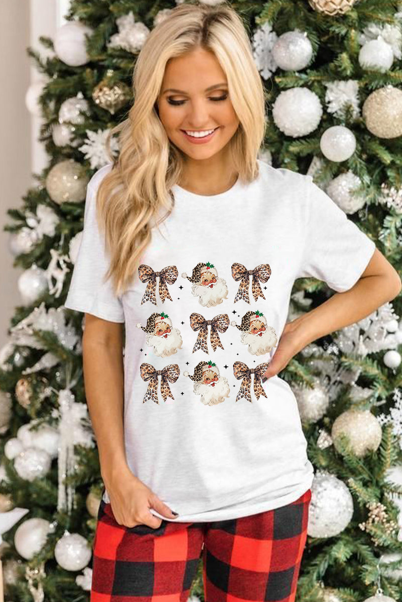 White Santa Claus Leopard Bow Print Crew Neck Casual T Shirt