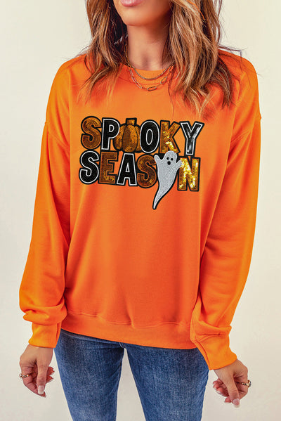 Russet Orange Sequin SPOOKY SEASON Ghost Pattern Halloween Pullover Sweatshirt