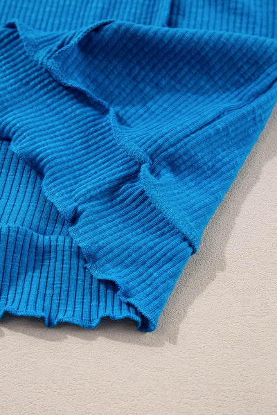 Blue Ribbed Exposed Seam Knit V Neck Long Sleeve Top