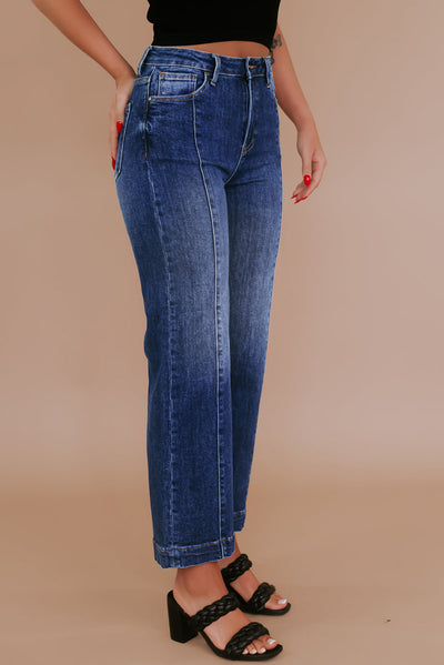 Navy Blue Plus Size Seamed Wide Leg High Waist Jeans