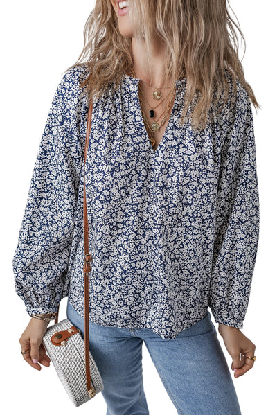 Blue Floral Print Notched V Neck Puff Sleeve Blouse