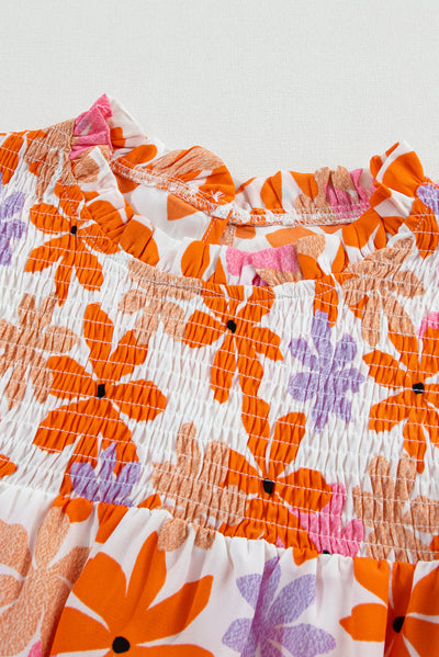 Orange Ruffled Sleeve Smocked Floral Top