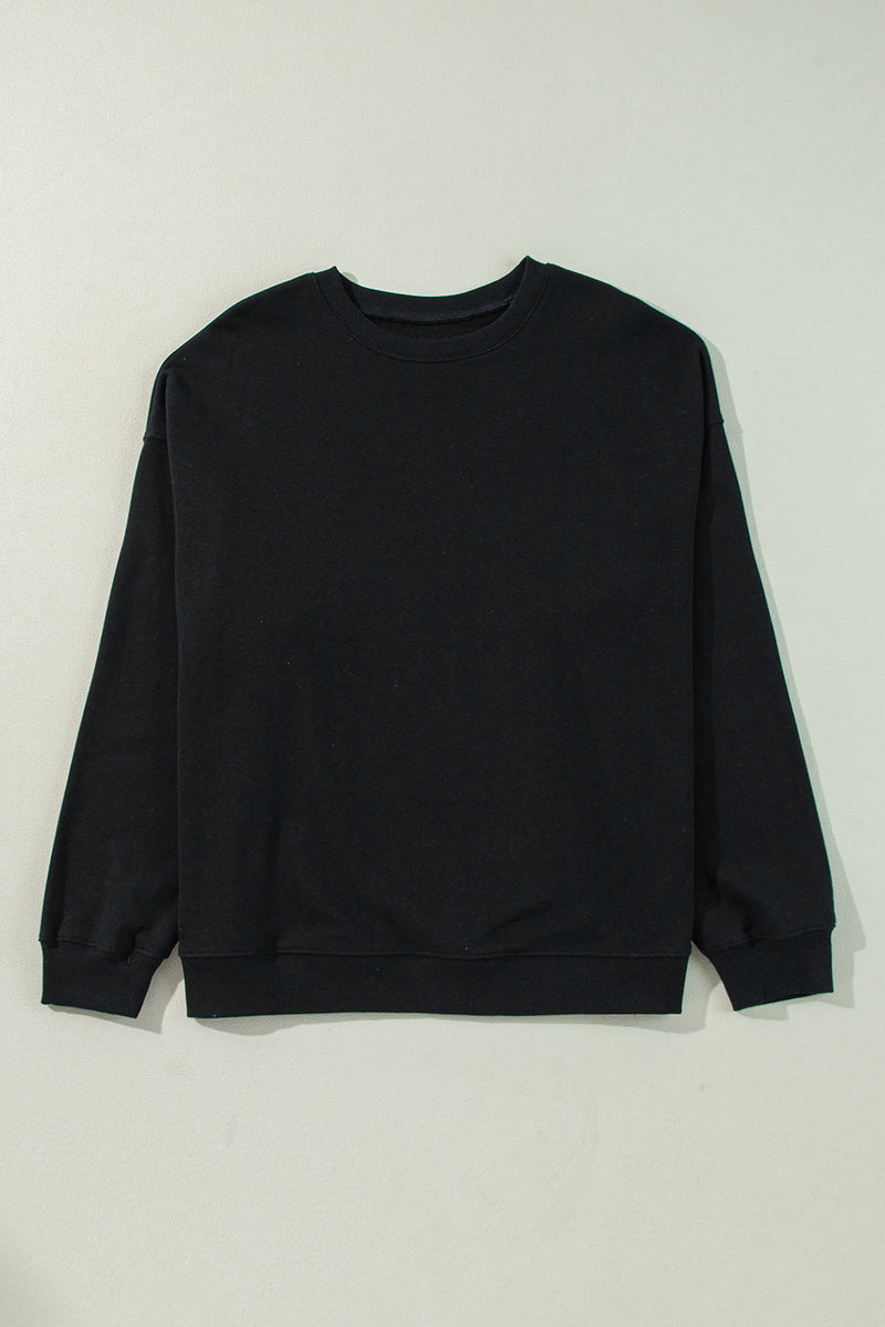 Black Solid Crew Neck Drop Shoulder Plus Size Sweatshirt