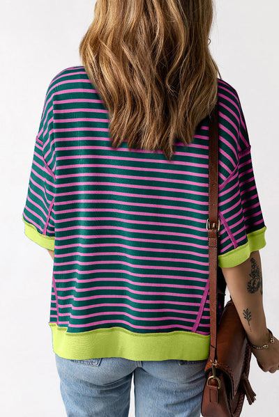 Sky Blue Stripe Oversized Contrast Trim Exposed Seam High Low T Shirt