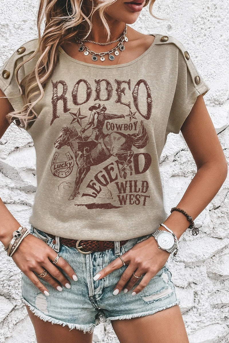 Smoke Gray RODEO Cowboy Graphic Buttoned Batwing Sleeve T Shirt