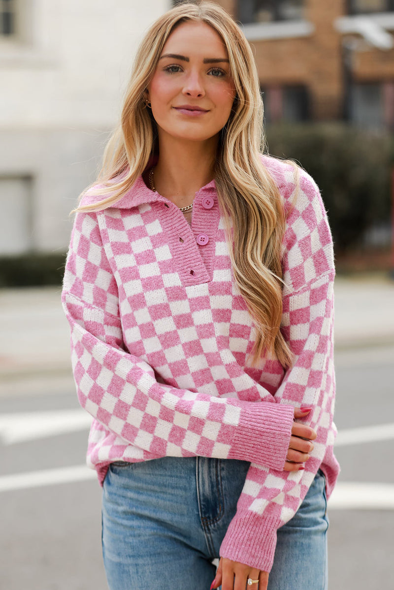 Apricot Checkered Buttons Collar V Neck Drop Shoulder Sweater