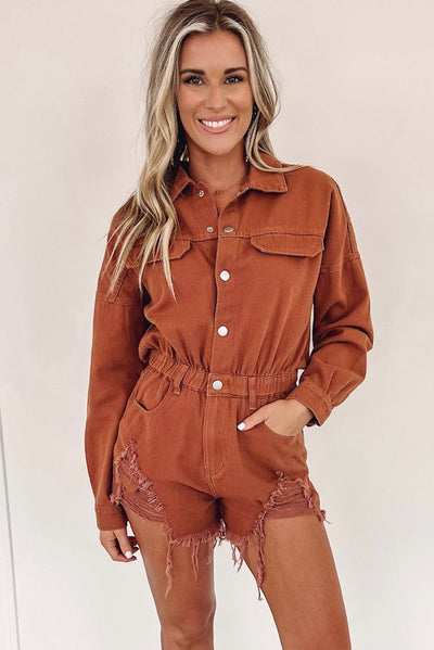 Gold Flame Long Sleeve Snap Buttons Distressed Denim Romper