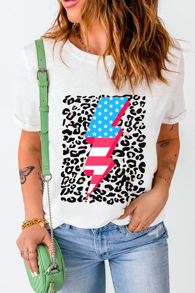 White Leopard American Flag Lightning Graphic T Shirt