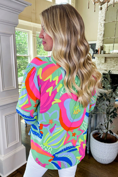 Green Abstract Print Ruffled Sleeve Buttoned V Neck Blouse