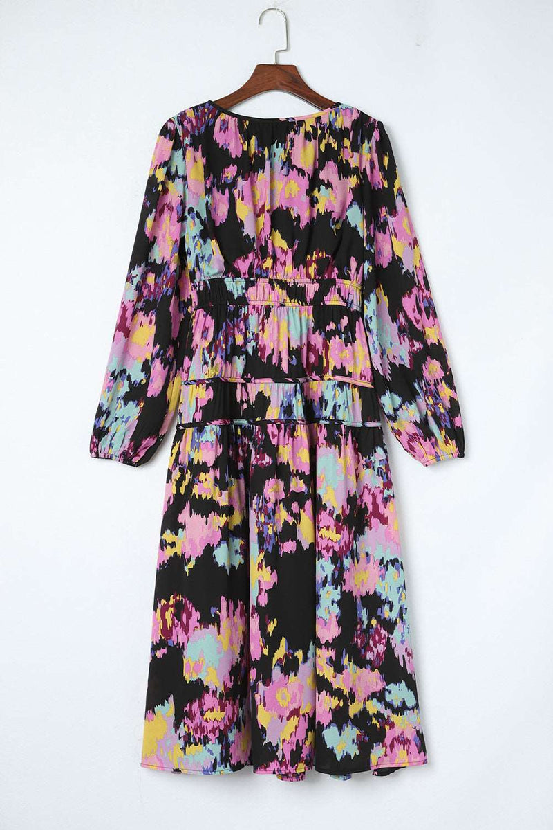 Abstract Print Pleated High Waist Maxi Dress
