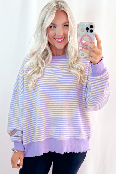 Green Stripe Loose Drop Shoulder Long Sleeve Top