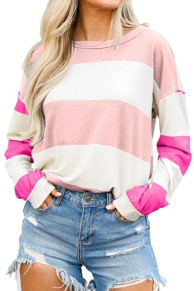 Rose Red Colorblock Striped Drop Shoulder Long Sleeve Top