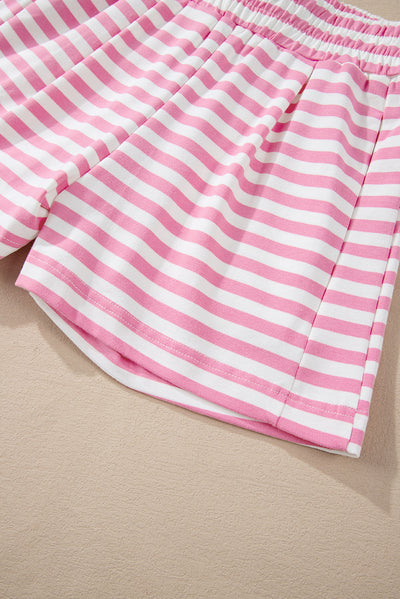 Pink Stripe Kangaroo Pocket Hoodie and Wide Leg Shorts Set