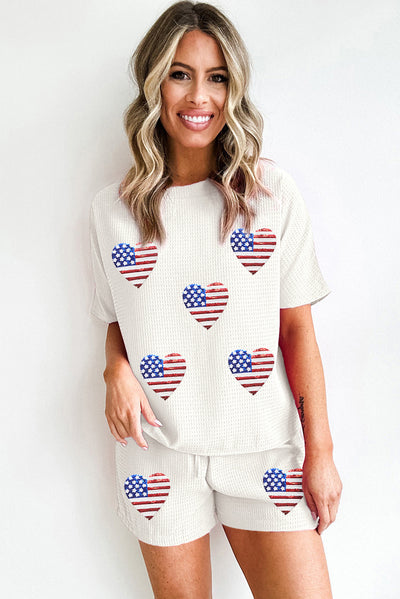 White Sequin American Flag Heart Shape Waffle Knit Shorts Set