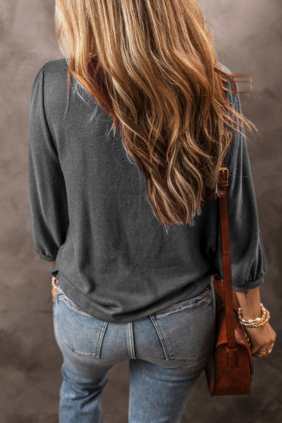 Solid Color 3/4 Sleeve Round Neck Blouse