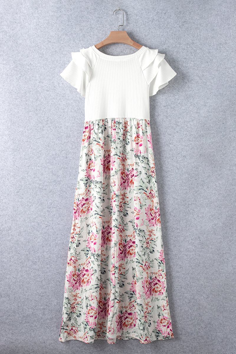 White Floral Patchwork Ribbed Maxi Dress with Pockets