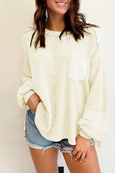 Exposed Seam Patchwork Bubble Sleeve Waffle Knit Top