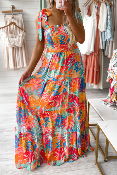 Vibrant Tropical Print Smocked Ruffle Tiered Maxi Dress