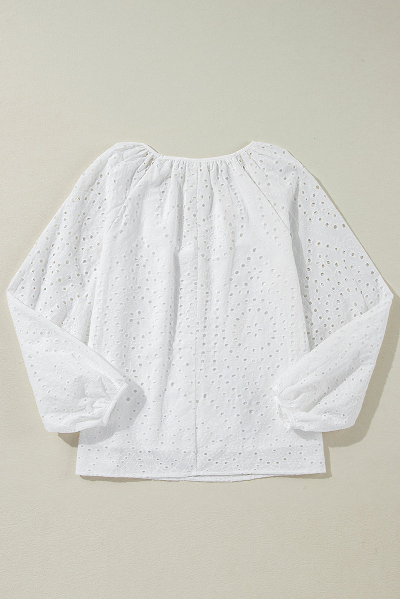 White Eyelet Embroidered V Neck Puff Sleeve Blouse