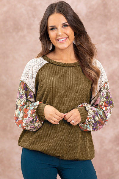 Brown Floral Patchwork Puff Sleeve Textured Blouse