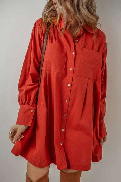 Tomato Red Bishop Sleeve Button Up Pleated Mini Shirt Dress