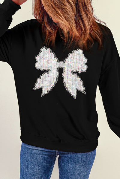 Black Rhinestone Decor Bowknot Graphic Pullover Sweatshirt