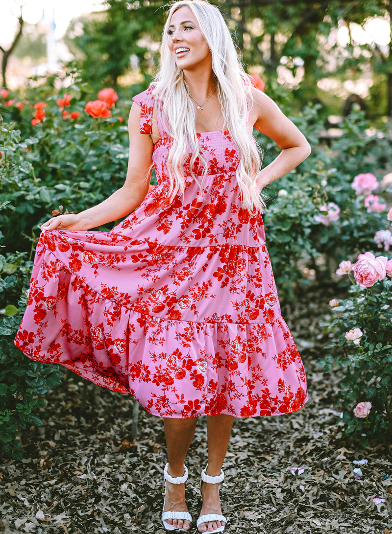 Blue Tie Shoulder Straps Tiered Floral Dress