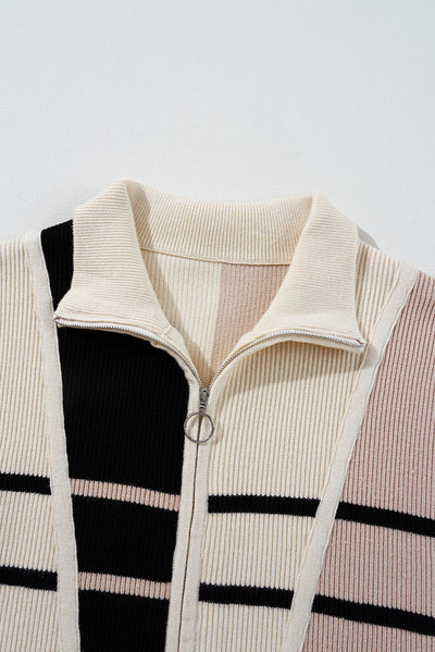 Brown Stripe Color Block Quarter Zip Collar Short Sleeve Sweater Dress