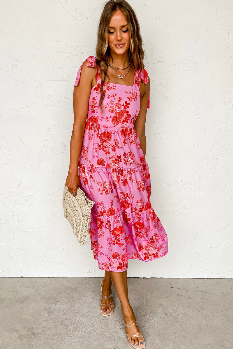 Blue Tie Shoulder Straps Tiered Floral Dress