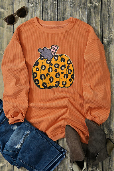 Orange Halloween Leopard Pumpkin Patchwork Ribbed Sweatshirt