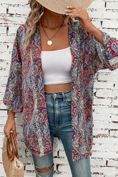 Red Paisley Print Open Front Kimono