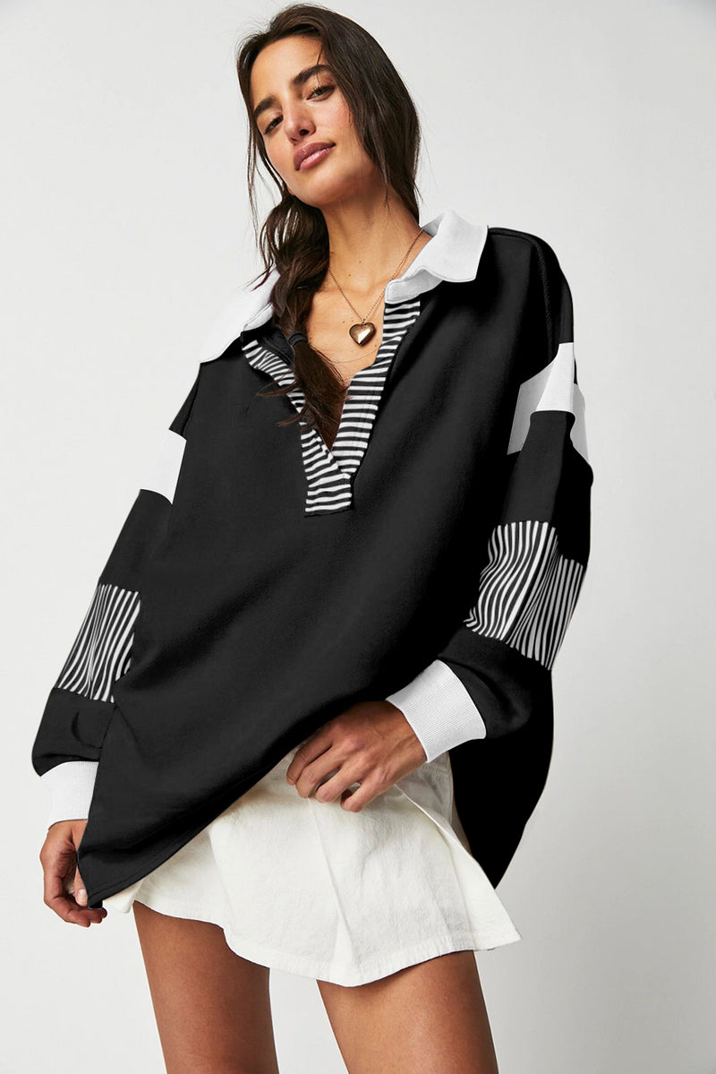 Striped Colorblock Patchwork Collar Sweatshirt