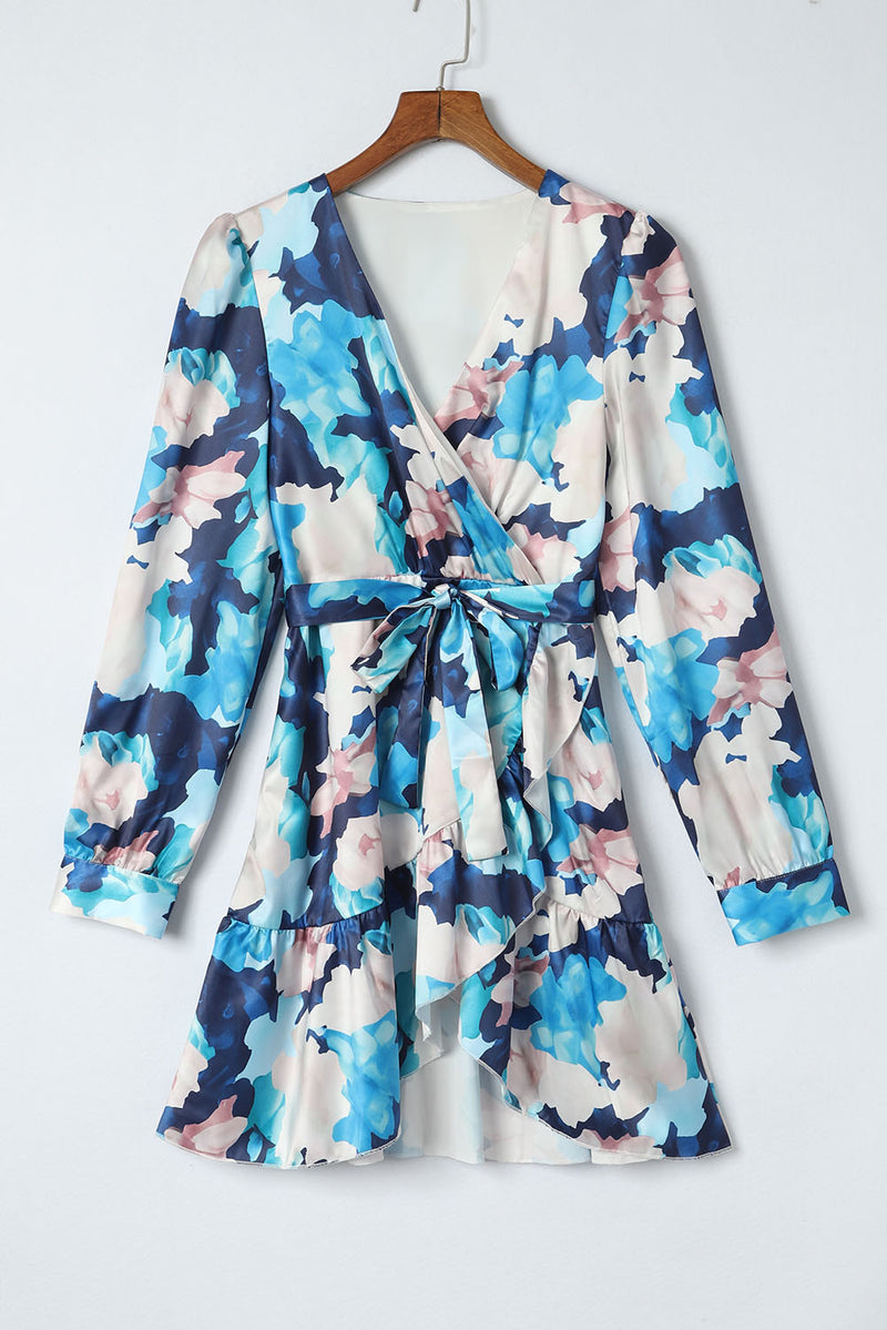 Blue Abstract Floral Long Sleeve Tied Ruffle Dress