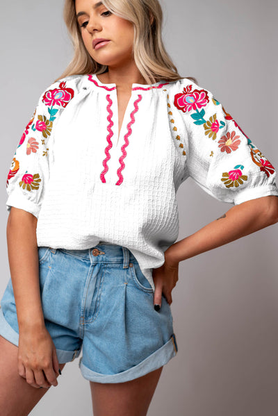 Black Floral Embroidered Ricrac Puff Sleeve Textured Blouse