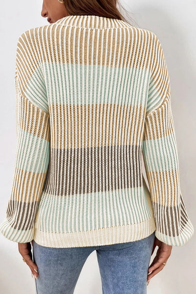 Brown Colorblock Textured Knit Bubble Sleeve Sweater