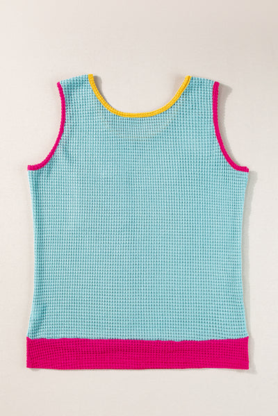 Rose Red Color Block Patched Pocket Breathable Knit Tank Top