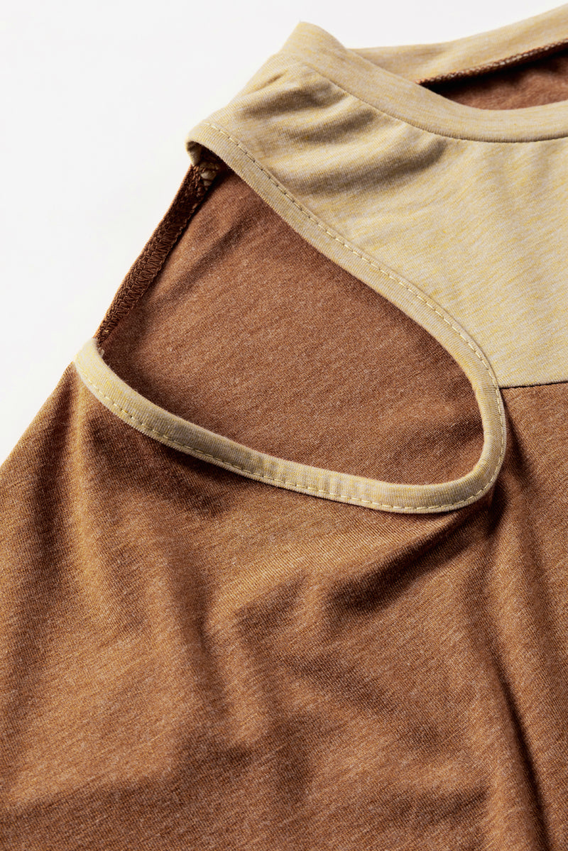 Brown Asymmetric Cut out Colorblock T Shirt