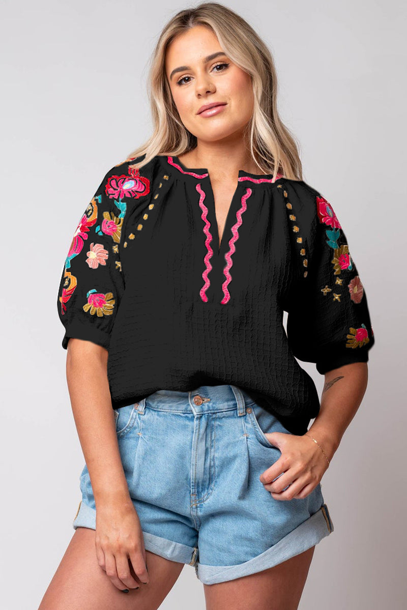 Black Floral Embroidered Ricrac Puff Sleeve Textured Blouse