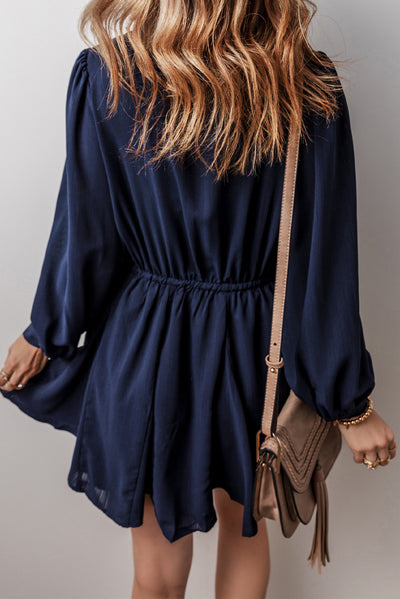 Navy Blue Solid Chest Pockets Tunic Shirt Mini Dress