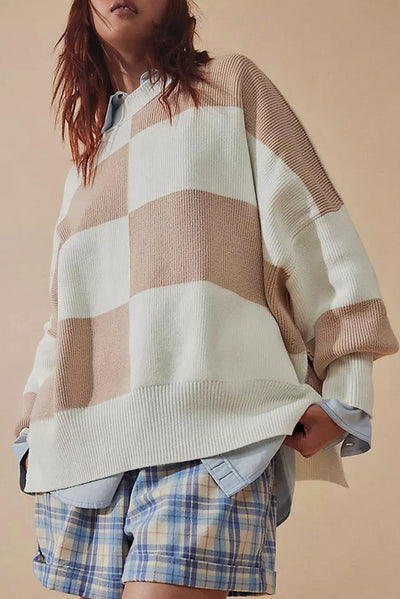 Checkered Side Slits Drop Shoulder Oversized Sweater