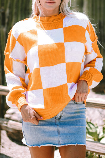 Rose Stripe Checkered Bishop Sleeve Sweater