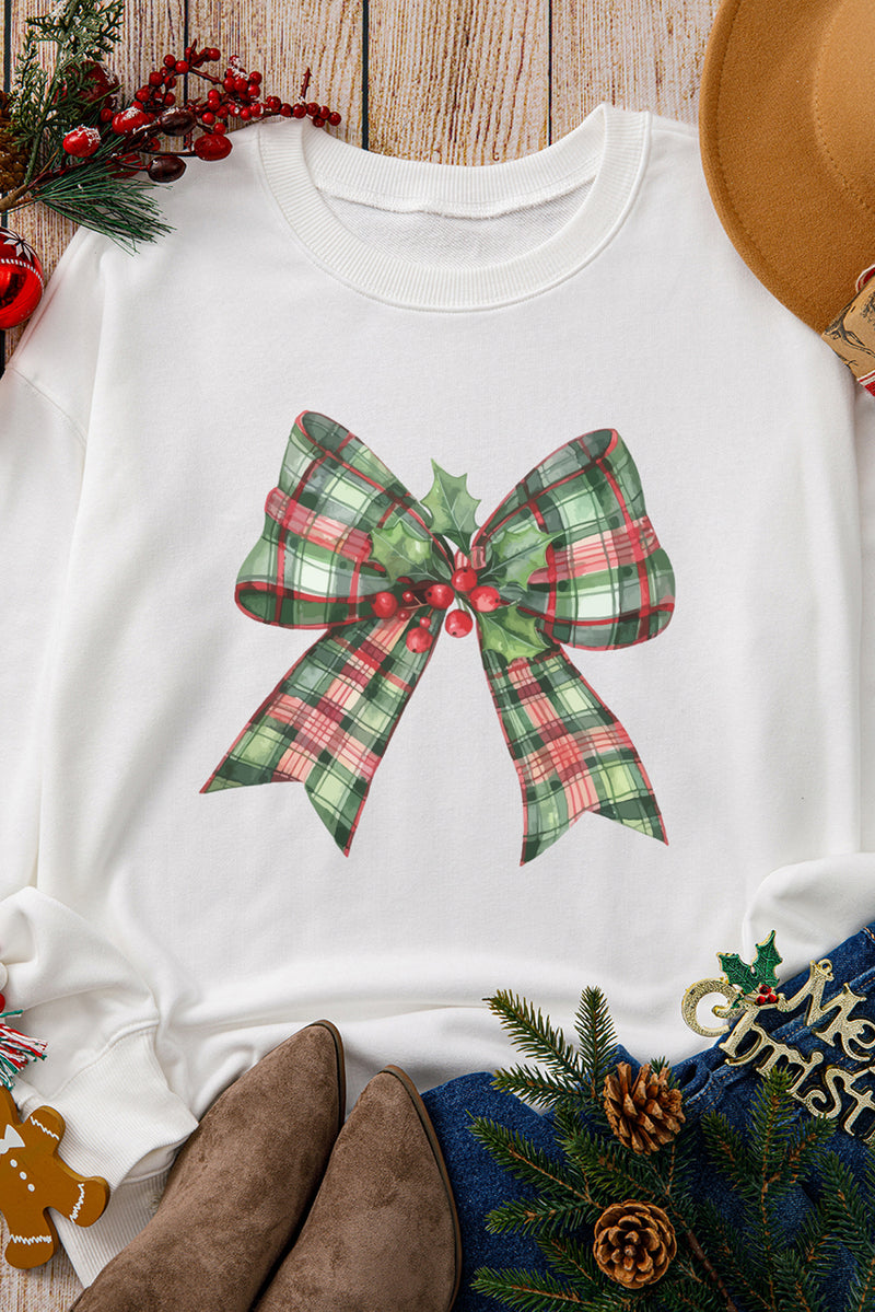 Beige Holly Plaid Bow Graphic Christmas Themed Sweatshirt