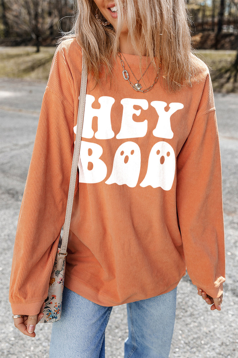 Orange Halloween Hey Boo Ghost Print Loose Sweatshirt