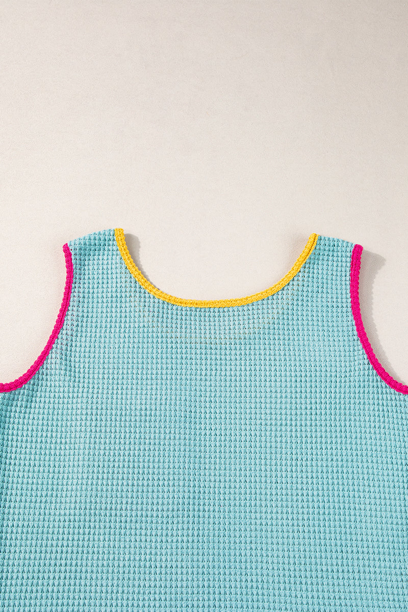 Rose Red Color Block Patched Pocket Breathable Knit Tank Top