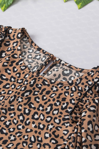 Chestnut Leopard Print Ruffle Wide Sleeve Blouse