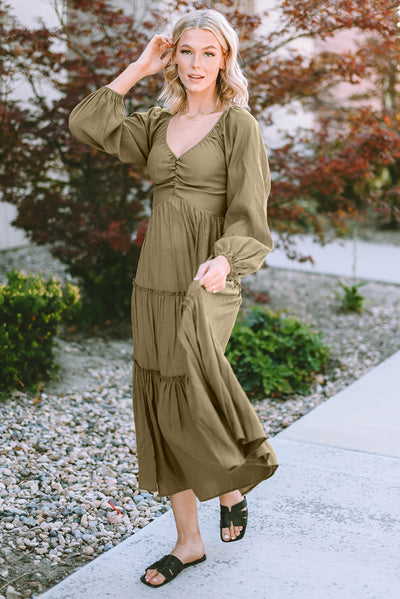 V Neck Bowknot Cutout Frill Tiered Maxi Dress