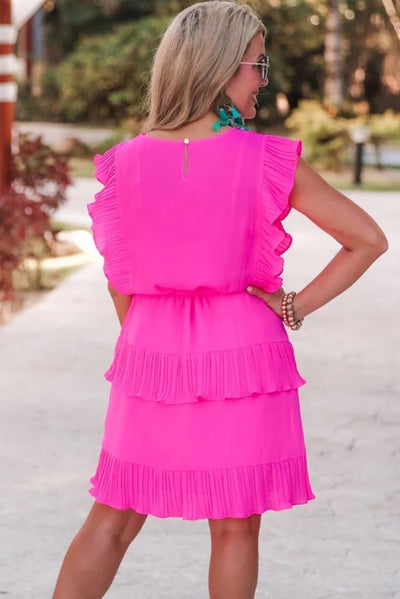 Bright Pink Solid Color Pleated Layered Flutter Mini Dress