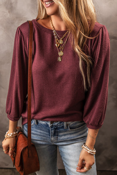 Solid Color 3/4 Sleeve Round Neck Blouse