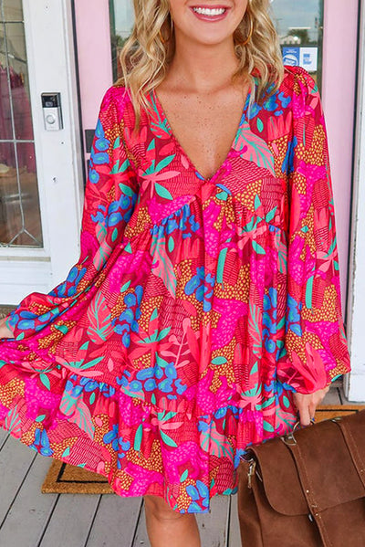 Rose Floral Print V Neck Bubble Sleeve Ruffled Mini Dress