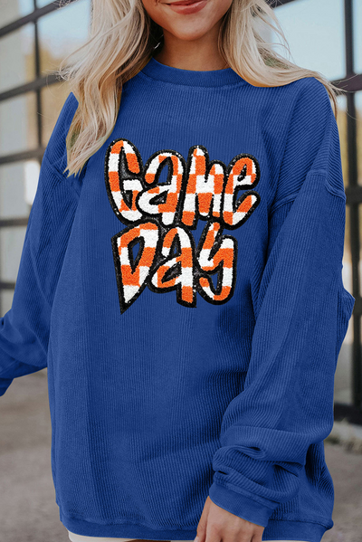 Dark Blue Chenille Checkered Game Day Graphic Drop Shoulder Corded Sweatshirt